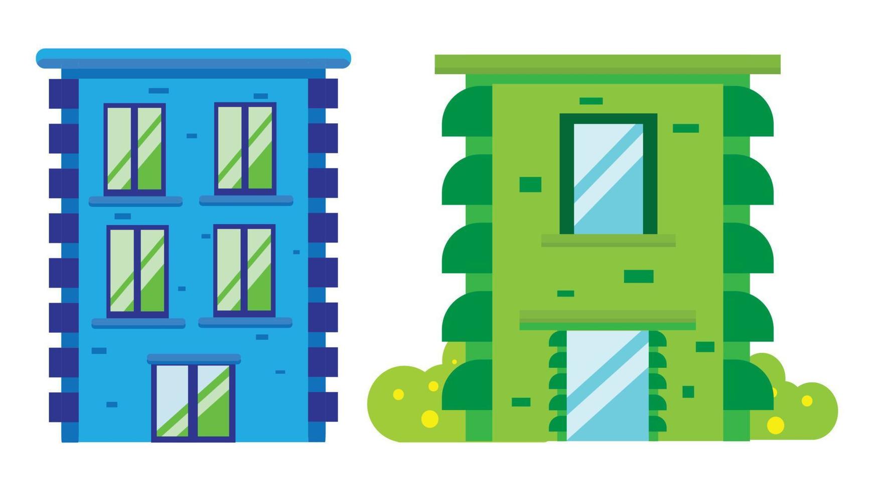 Set of two Residential houses of the city. Home facade with doors, windows and bushes. Vector illustration. Flat style houses isolated on white background.