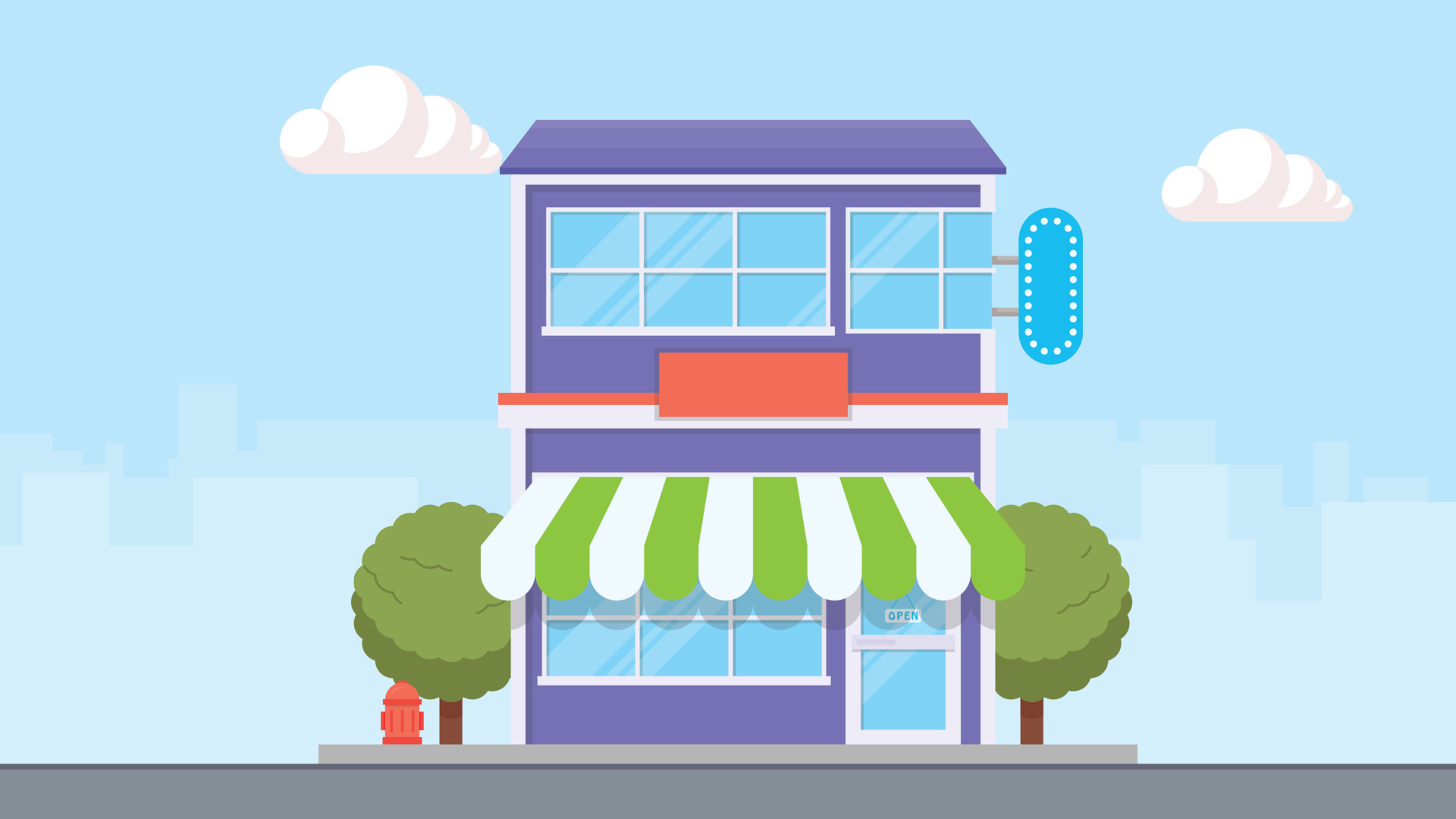 Shop building facade with big window and awning. Vector shop or market,  illustration background. Store building on town street, flat cartoon shop  facade front view. 3667140 Vector Art at Vecteezy
