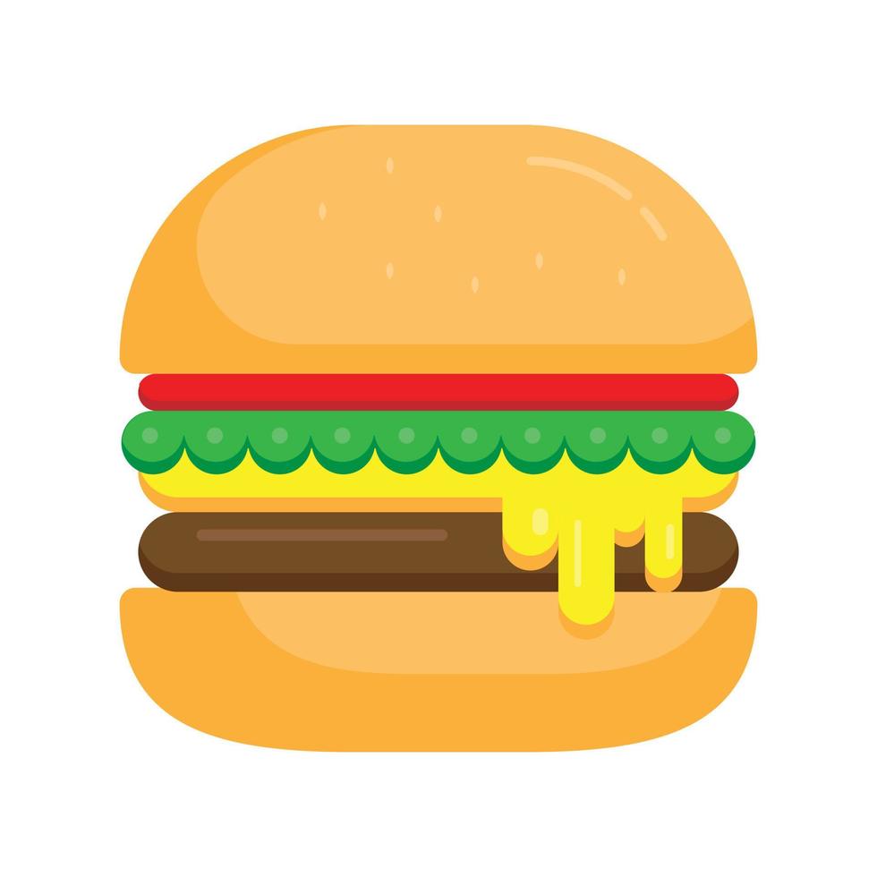 Isolated tasty big hamburger on white background. Flat design cartoon burger with cheese and sesame seeds isolated on white background. Vector illustration.