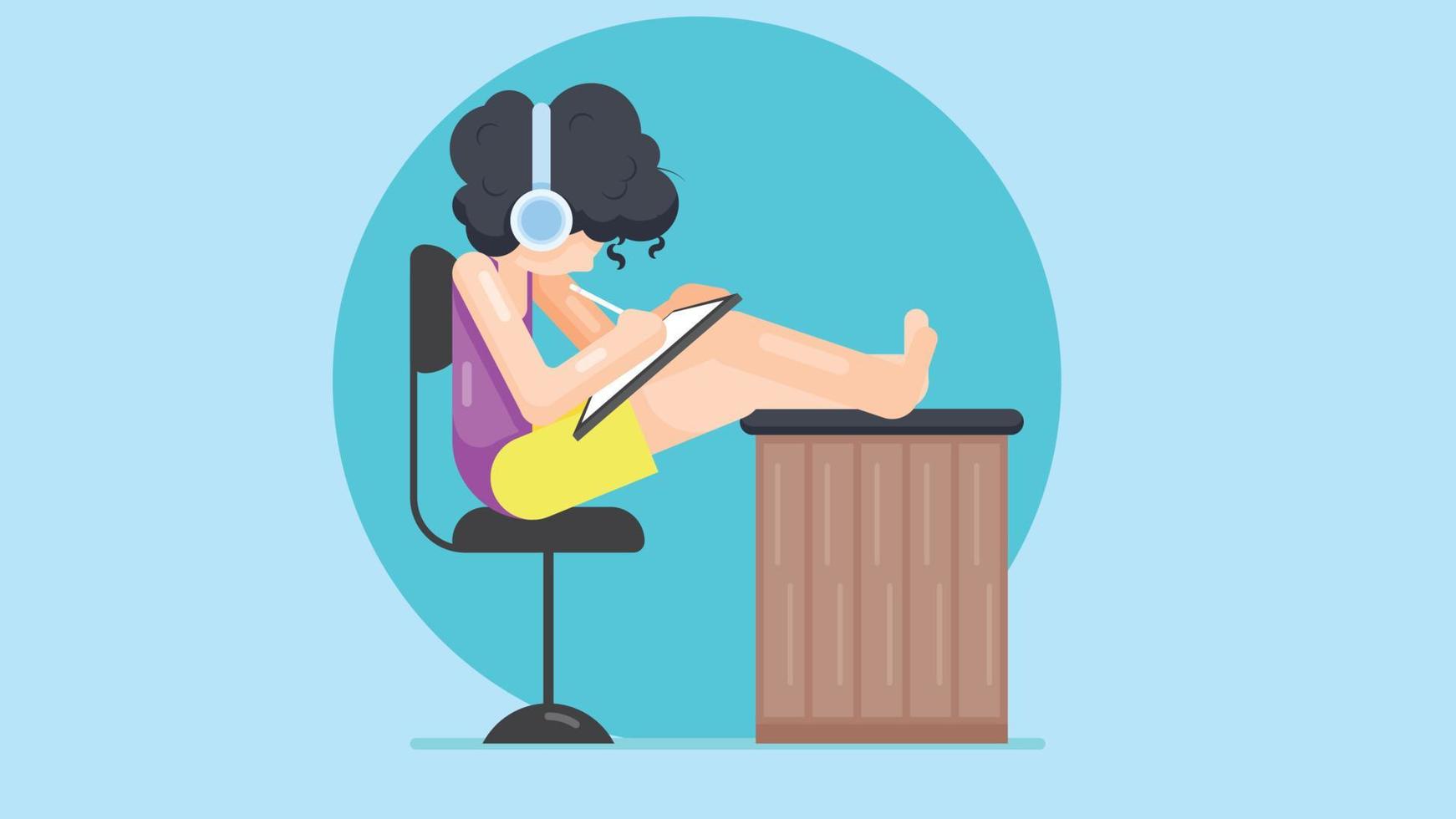 A girl is sitting on chair puted her leg on table, wearing headphones, working on tab. Isometric girl designer working with graphic tablet vector illustration.