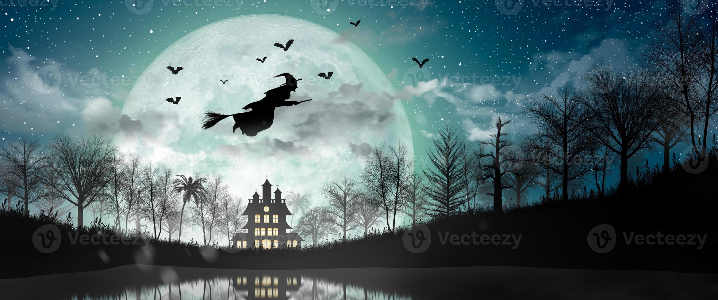 Halloween Silhouette of Witch flying over the full moon. photo