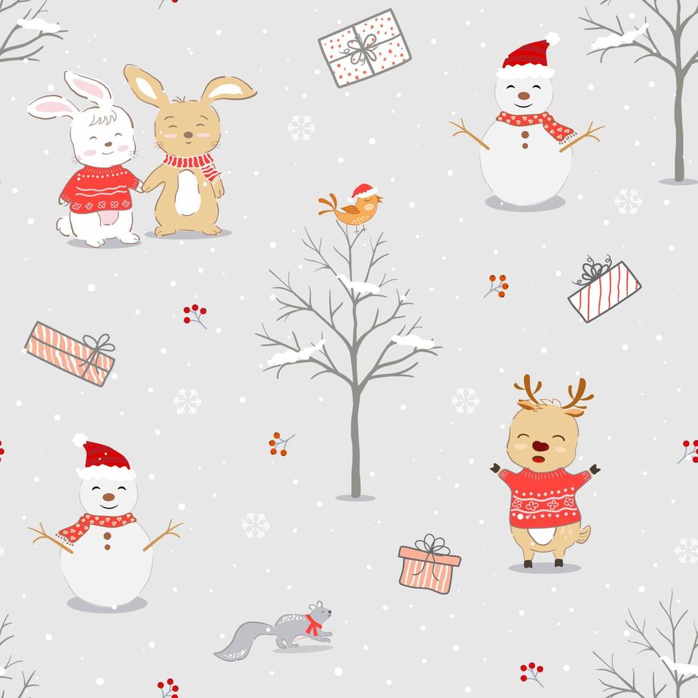 Holiday seamless pattern with hand drawn cute animals on winter background vector