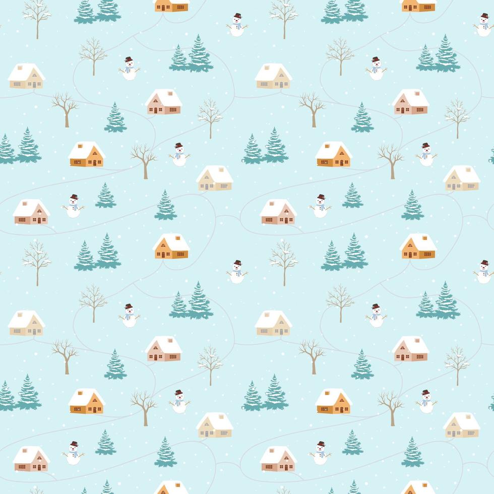 Nevado rural en invierno de patrones sin fisuras para decoración navideña, tela, textil o papel tapiz vector