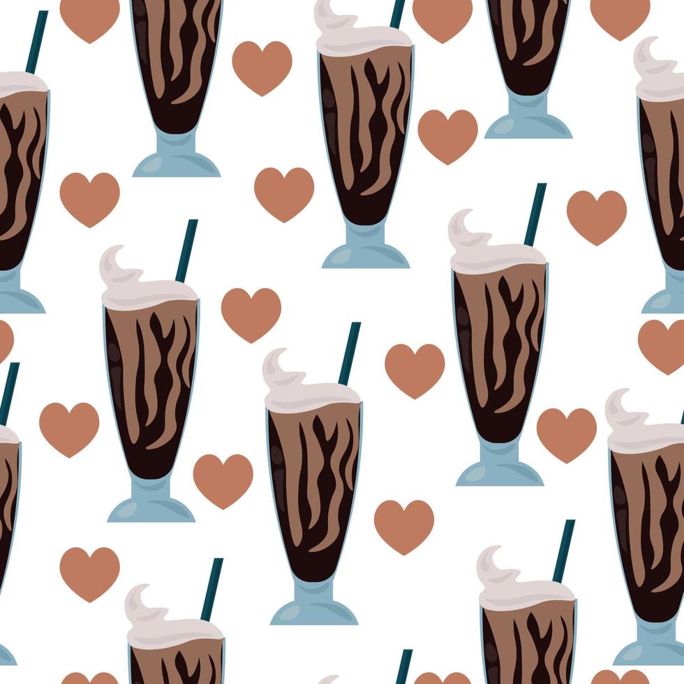 Batido de chocolate de patrones sin fisuras, bebida fría en un vaso alto y corazones sobre un fondo blanco. vector