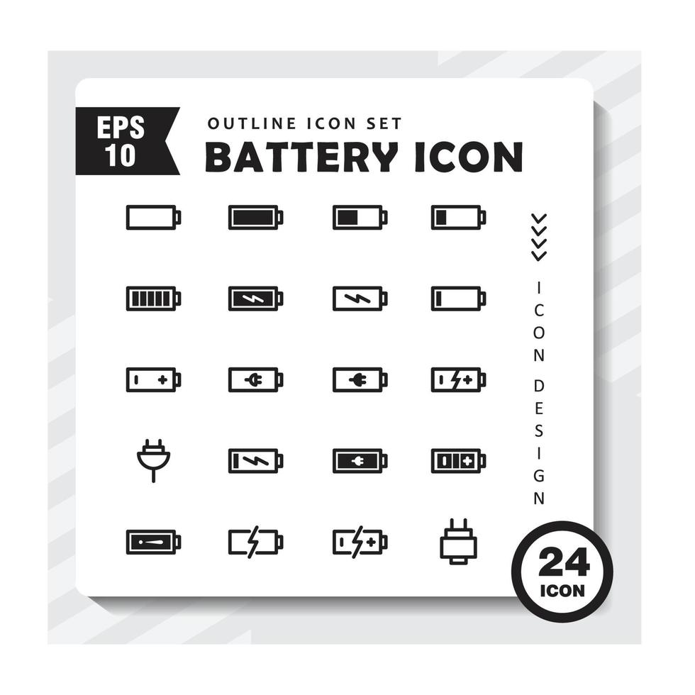 Set of outline icons about battery. Contains such Icons as full battery, empty battery, charger. Editable vector