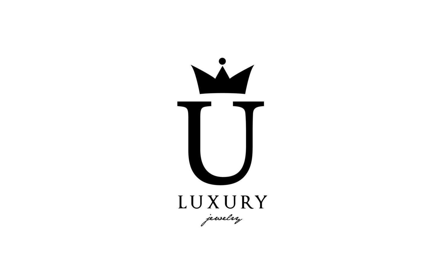 U icono de logotipo de letra del alfabeto en color blanco y negro. Diseño creativo con corona de rey para negocios y empresas de lujo o moda. vector