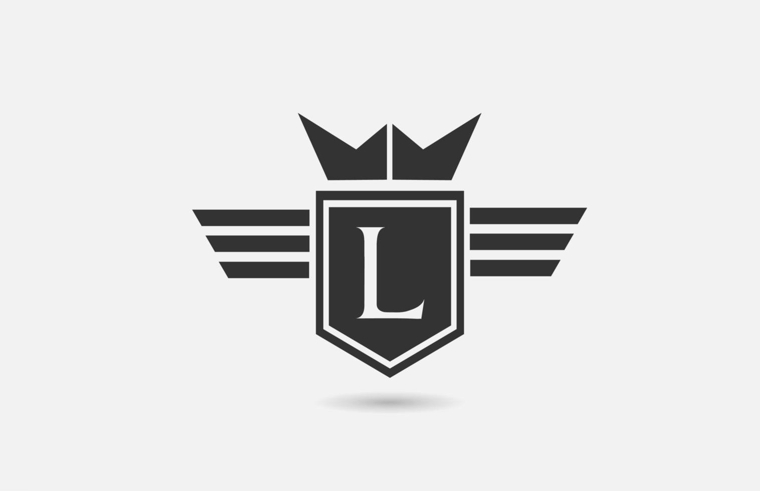 L icono de logotipo de letra del alfabeto para empresa en blanco y negro. Diseño de insignia creativa con alas de corona de rey y escudo para empresas y corporaciones. vector