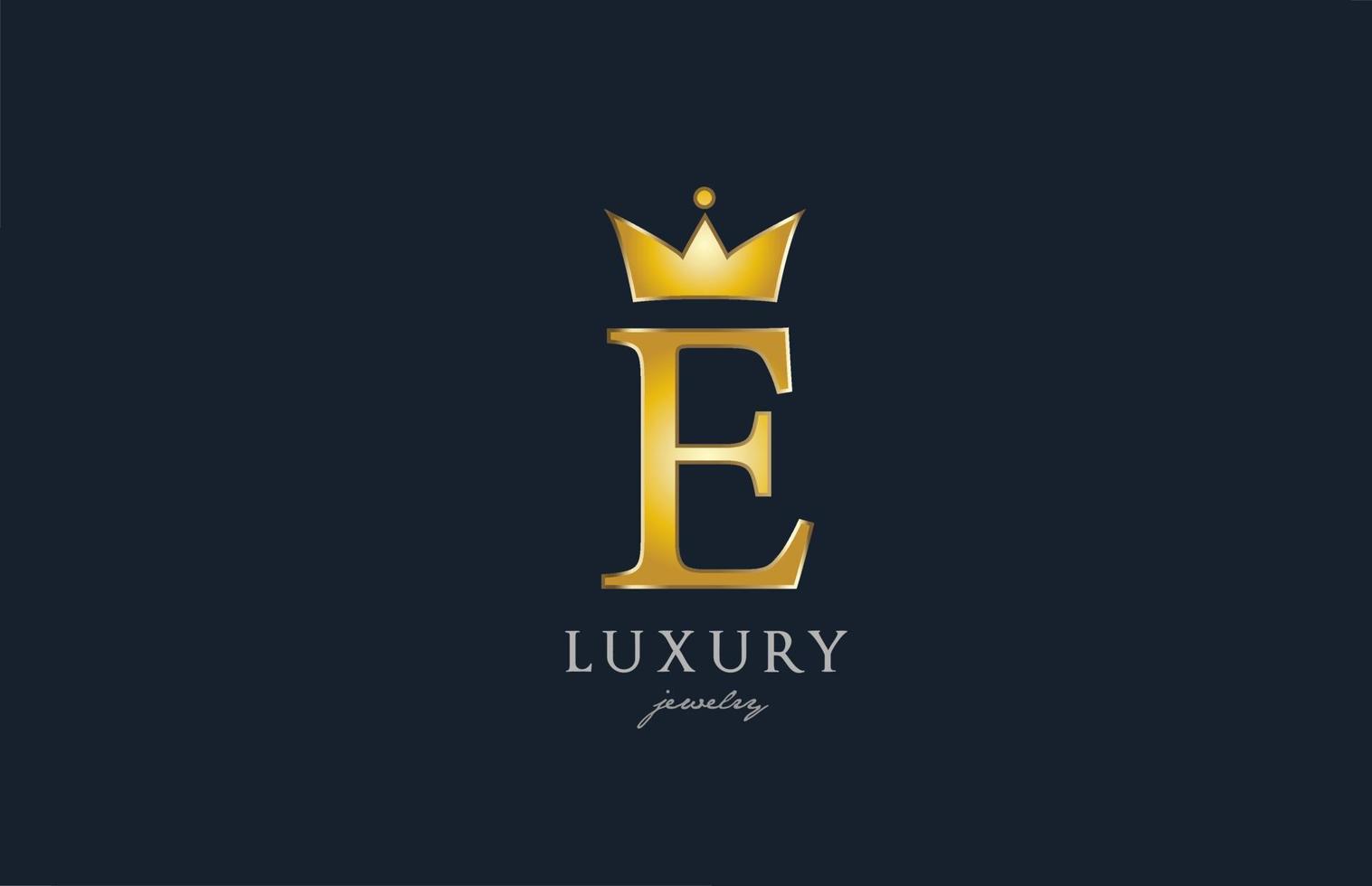 joyería oro e alfabeto letra logo icono. Diseño creativo con corona de rey para empresas y negocios de lujo. vector