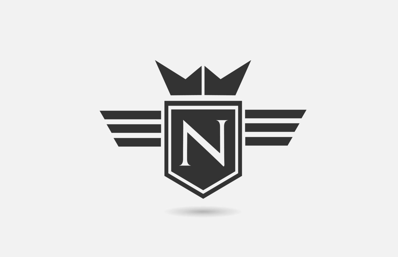 N alphabet letter logo icon for company in black and white. Creative badge design with king crown wings and shield for business and corporate vector