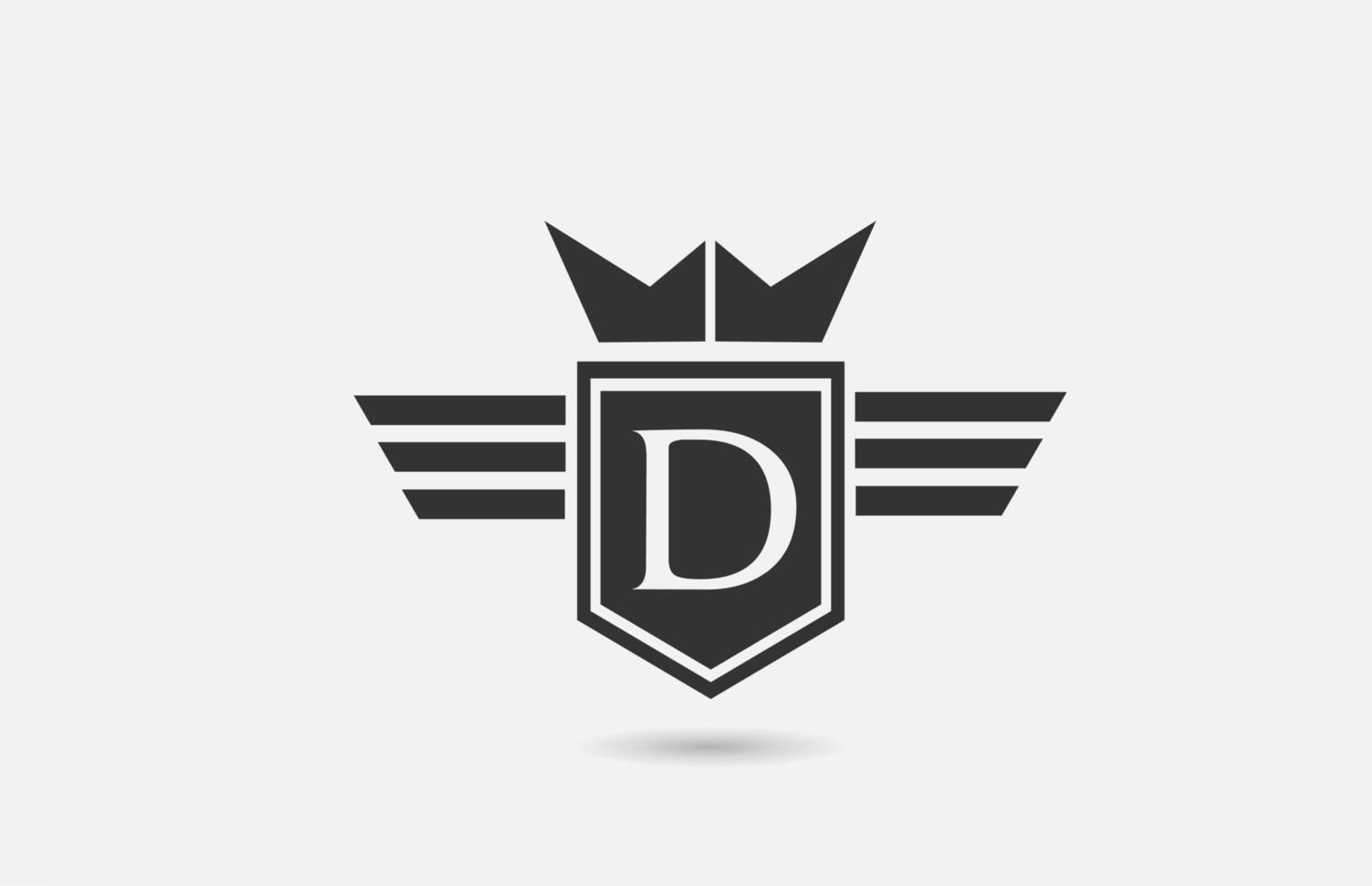 D icono de logotipo de letra del alfabeto para empresa en blanco y negro. Diseño de insignia creativa con alas de corona de rey y escudo para empresas y corporaciones. vector