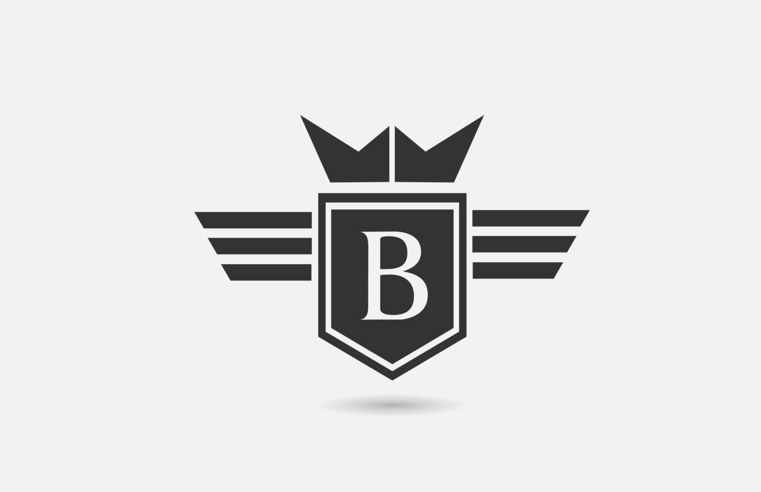 B icono de logotipo de letra del alfabeto para empresa en blanco y negro. Diseño de insignia creativa con alas de corona de rey y escudo para empresas y corporaciones. vector