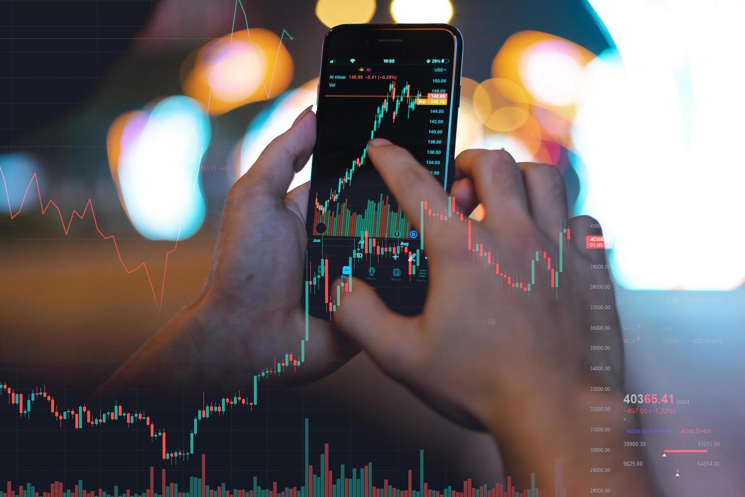 image of a man's hand using his phone to check the stock exchange photo