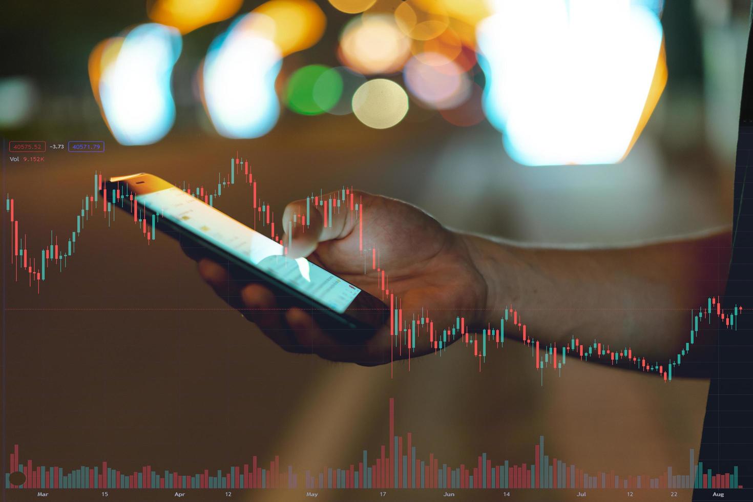 image of a man's hand using his phone to check the stock exchange photo