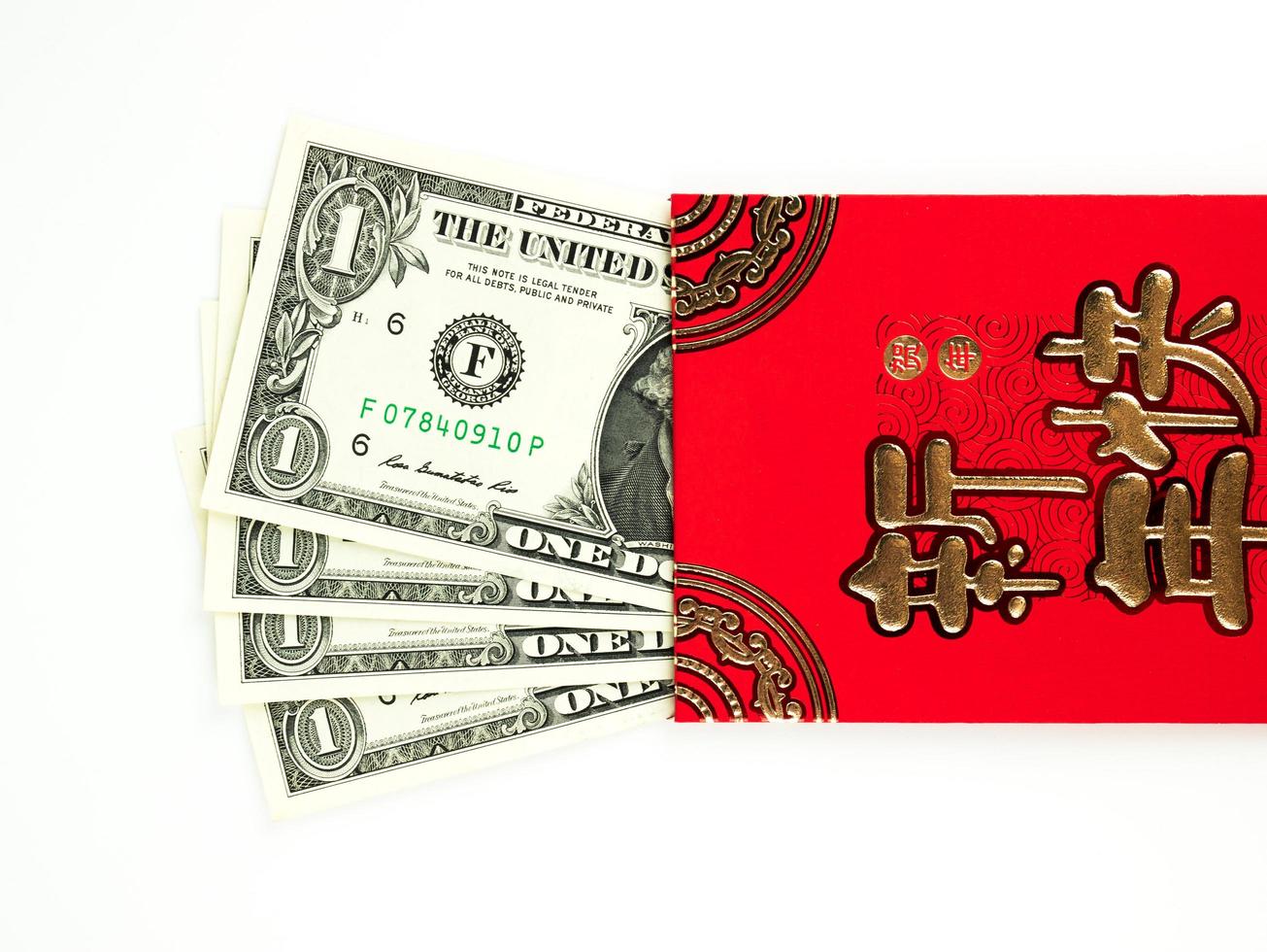 Red envelope isolated on white background with dollar money for gift Chinese New Year. Chinese text on envelope meaning Happy Chinese New Year photo