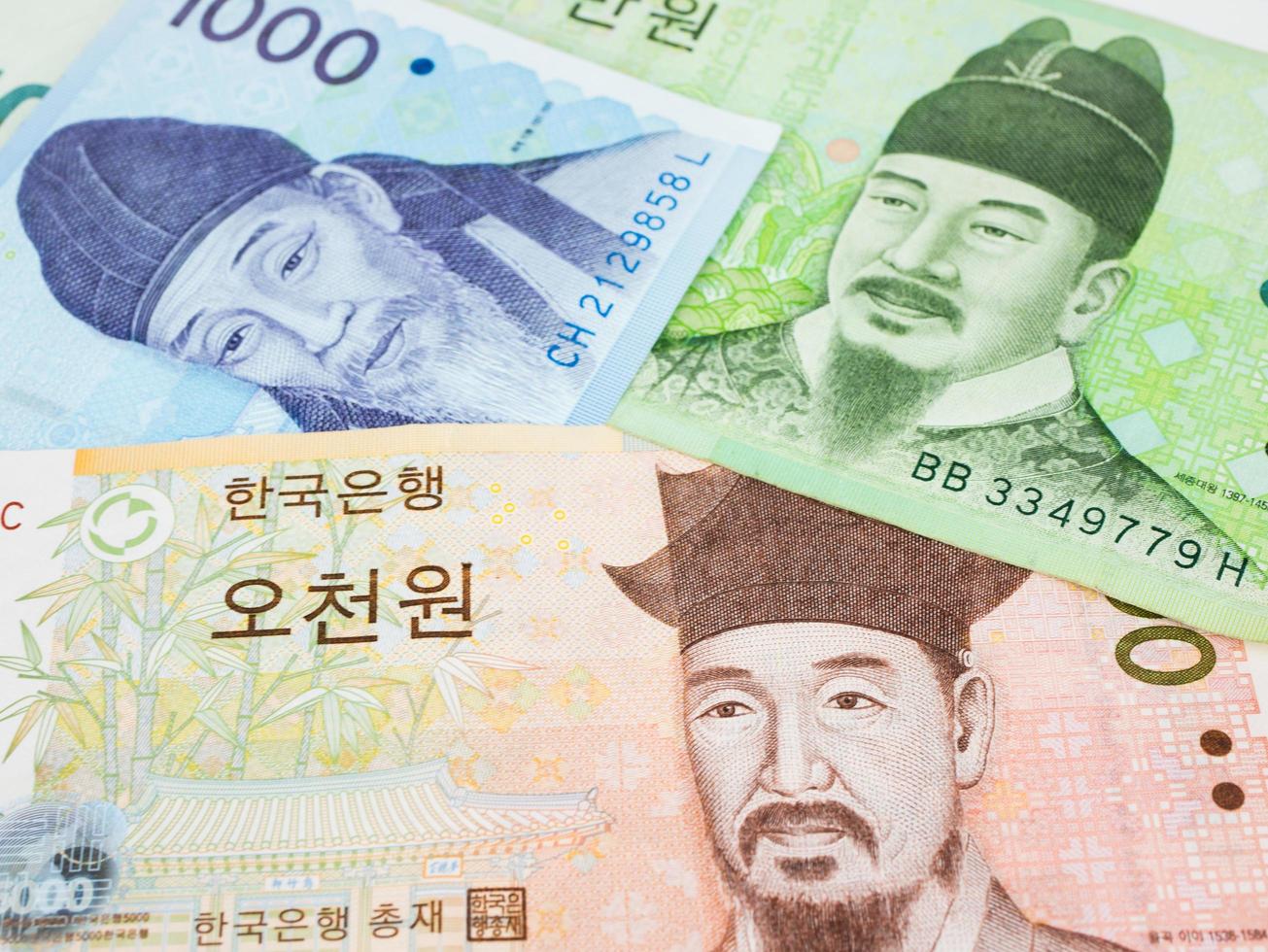 Corea del Sur ganó moneda de billetes de cerca macro, dinero coreano foto