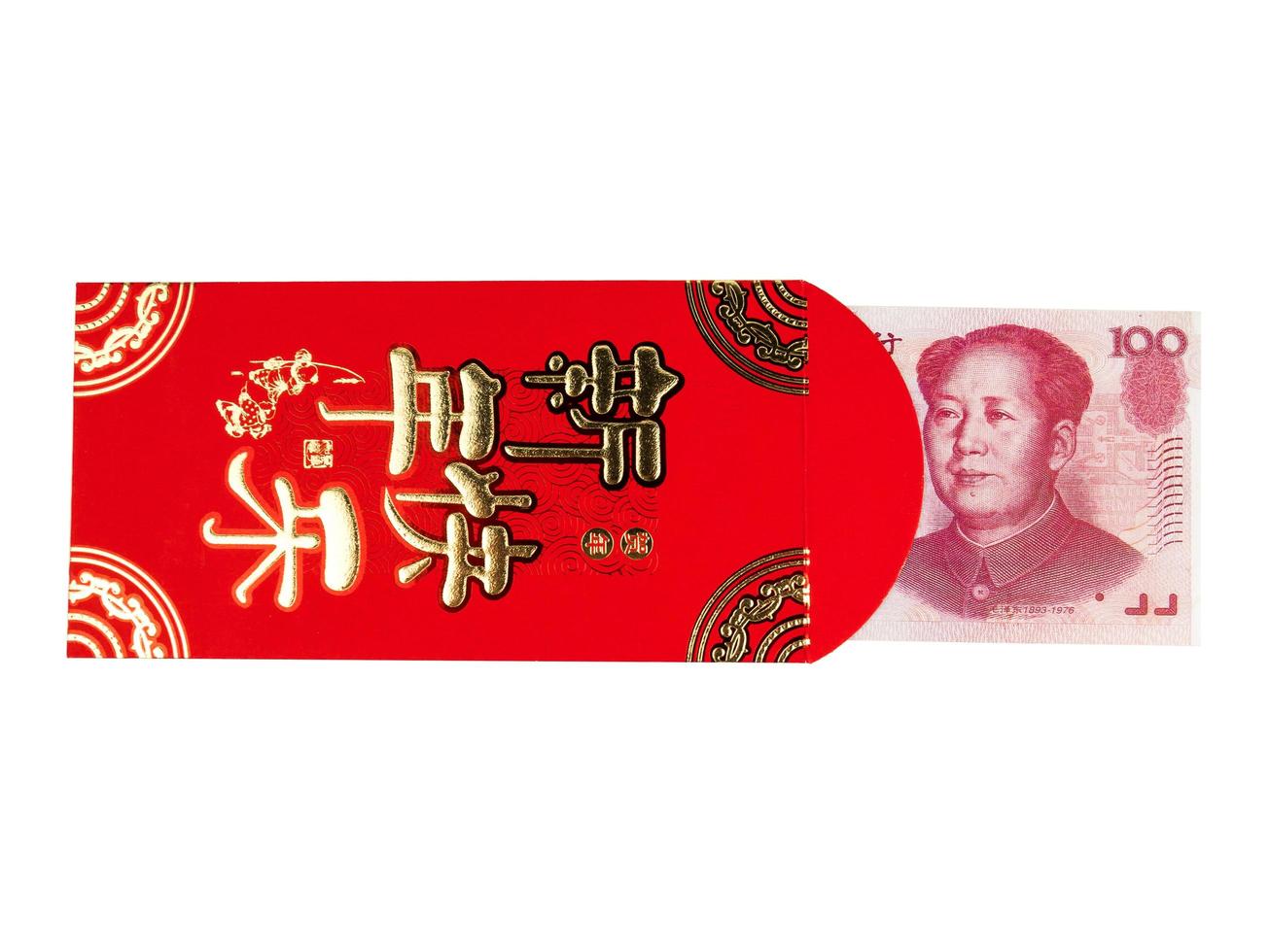 Chinese or 100 Yuan banknotes money in red envelope isolated on white background, Chinese text on envelope meaning Happy Chinese New Year, Clipping path photo