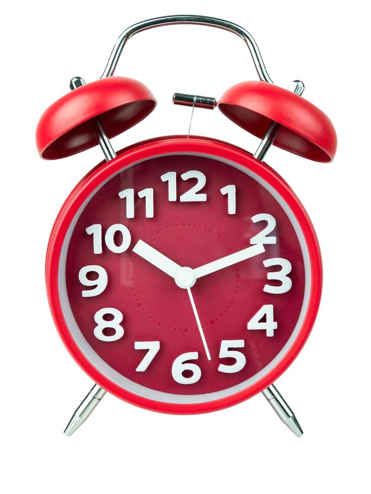 Red alarm clock, Red round alarm clock shows to 10. isolated on white background, Clipping path photo