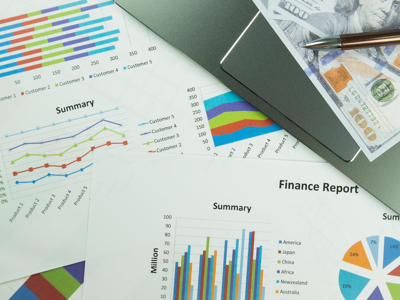 Gráfico de informe comercial y análisis de gráfico financiero con dinero en dólares y bolígrafo sobre la mesa foto