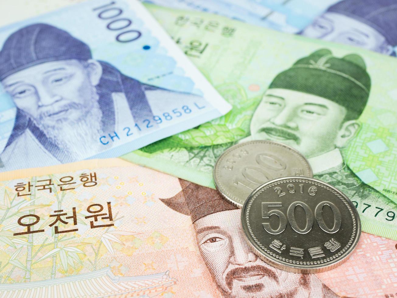 Corea del Sur ganó moneda de billetes de cerca macro, dinero coreano foto