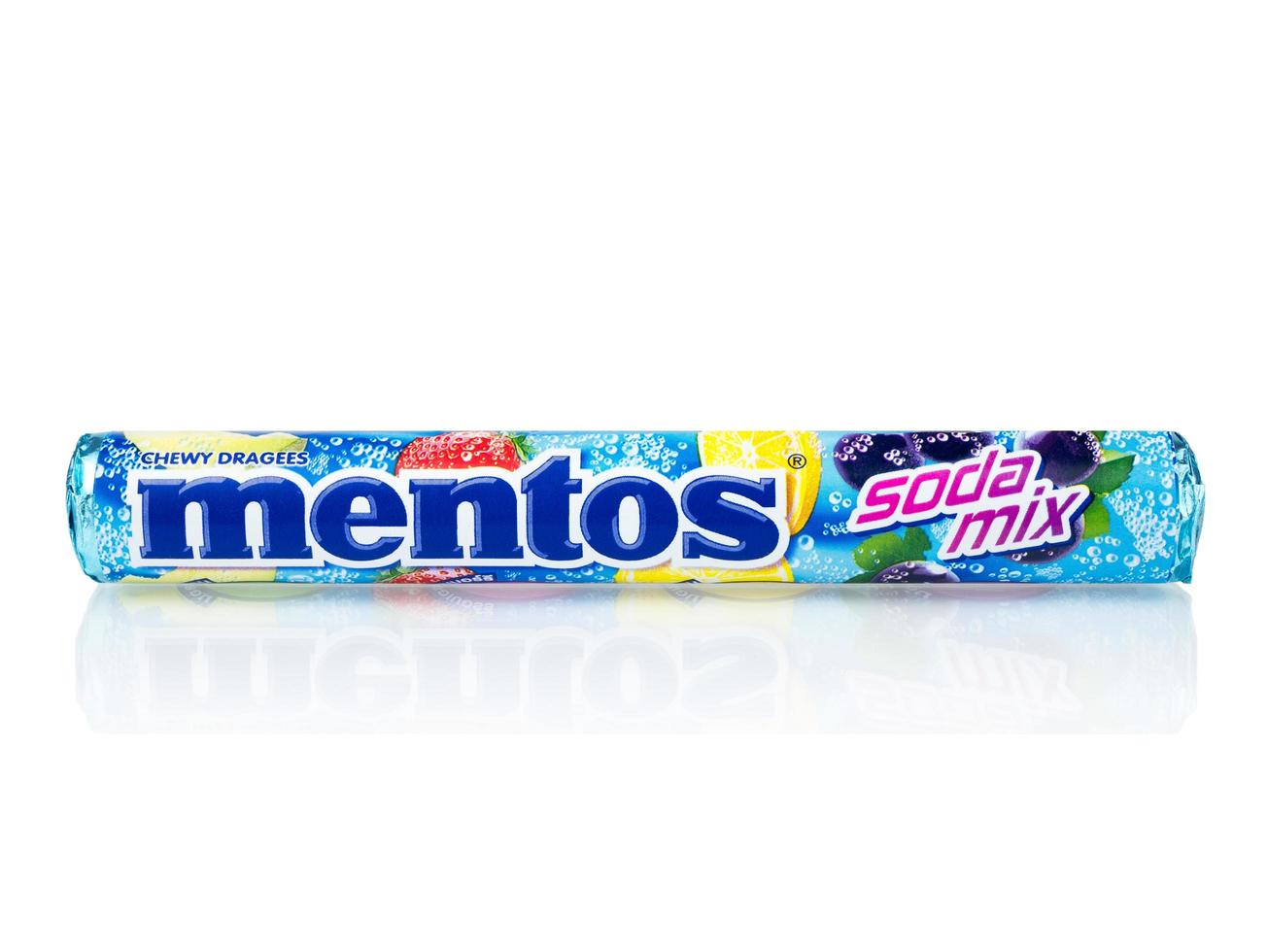 BANGKOK THAILAND - January 30, 2019, Mentos chewy dragees that provides the benefit of minty freshness with an enjoyable chew isolated on white background. photo