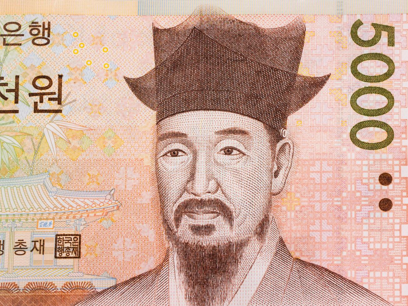 South Korea 5000 won banknote currency close up macro, Korean money photo