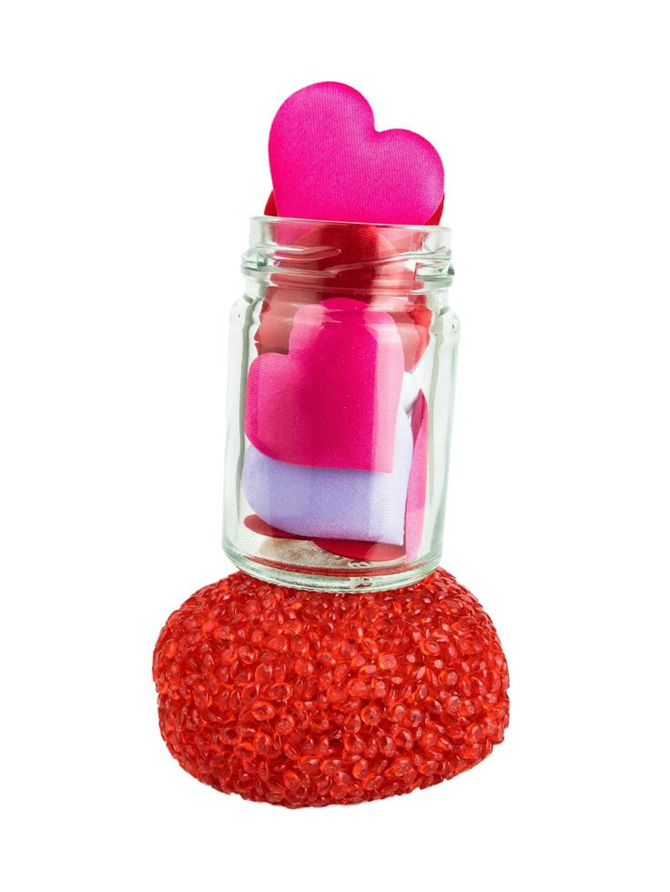 Jar with Colorful mini hearts isolated on white background, Valentine decorations, Various hearts photo