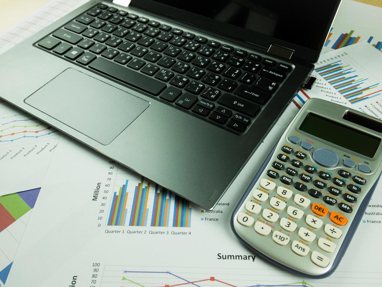 Cuadro de informe comercial y análisis de gráfico financiero con cuaderno y calculadora sobre la mesa foto