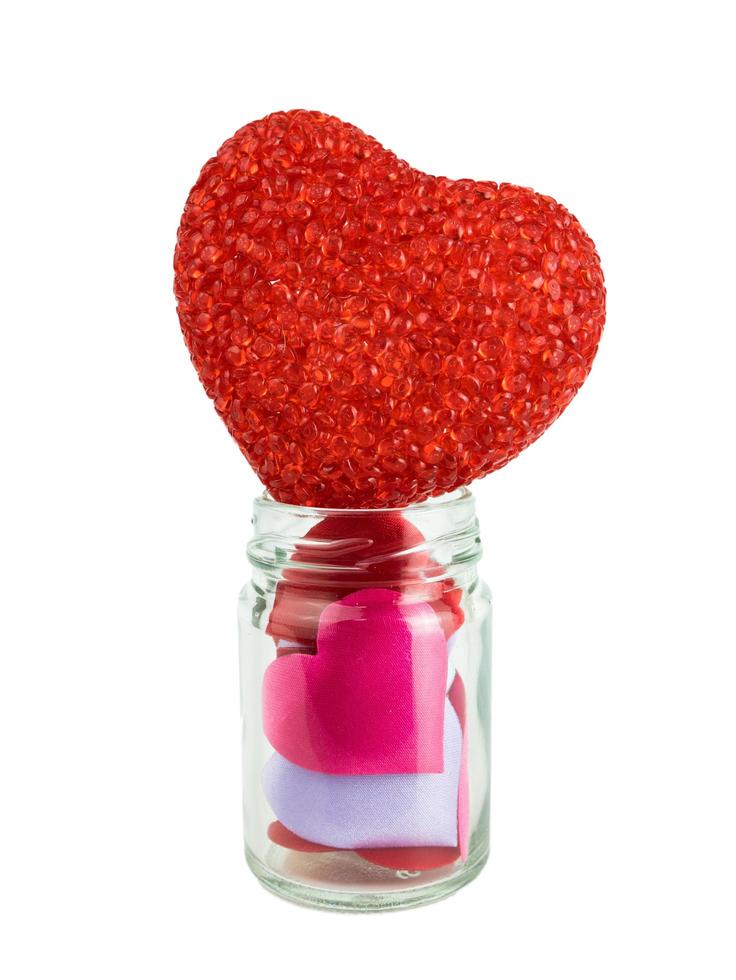 Jar with Colorful mini hearts isolated on white background, Valentine decorations, Various hearts photo