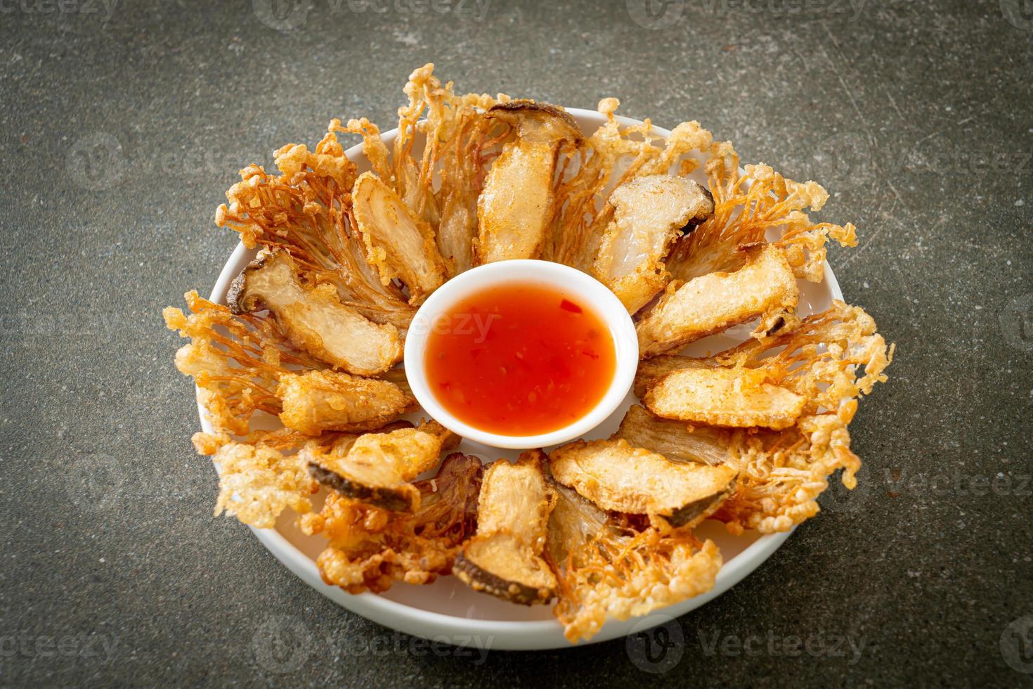 deep fried Enoki mushroom and King Oyster mushroom with spicy dipping sauce photo