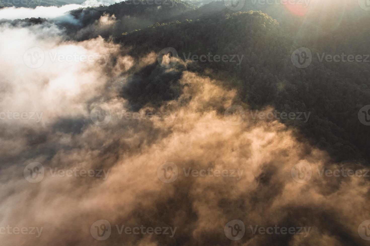 niebla de la mañana en el bosque desde arriba foto