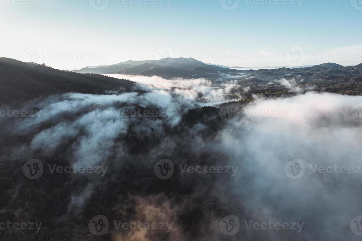 Morning fog in the forest from above photo