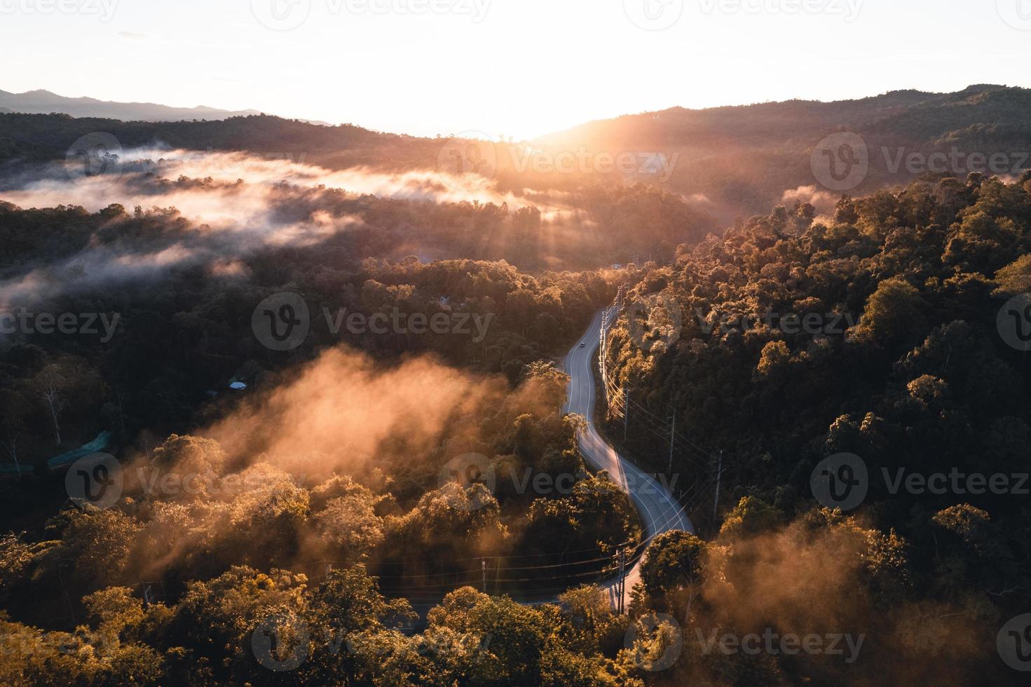 Mountains and trees at a rural village, high angle in the morning photo