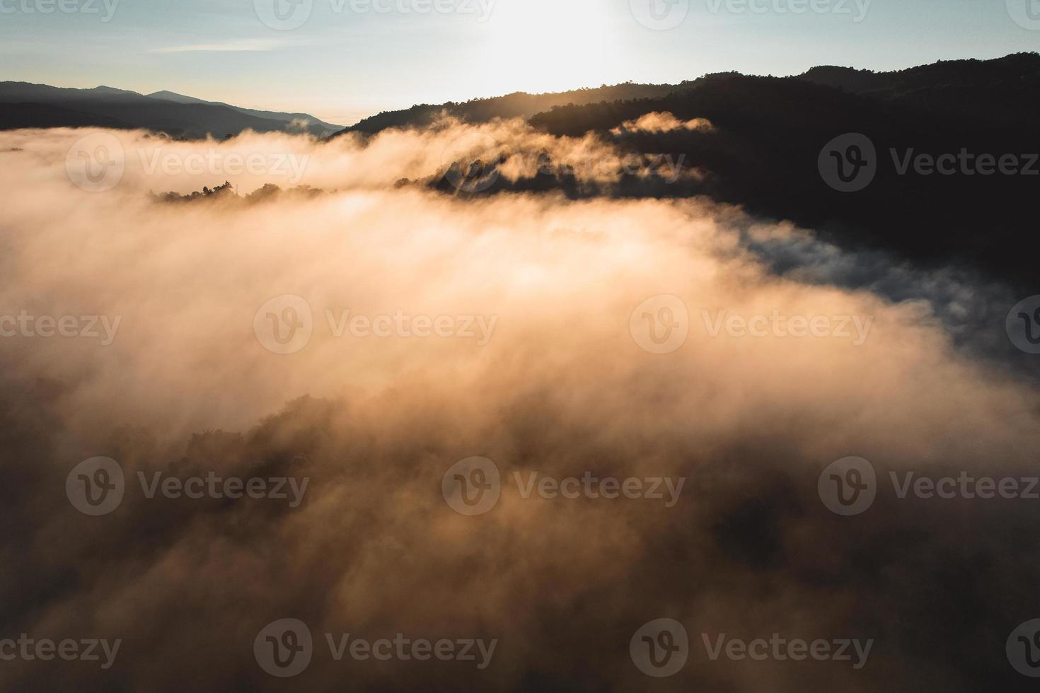 niebla de la mañana en el bosque desde arriba foto