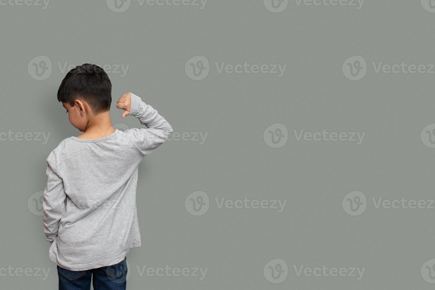 Shirt design and people concept - close up of little boy in plain tshirt front and rear isolated. Mock up template for design print photo