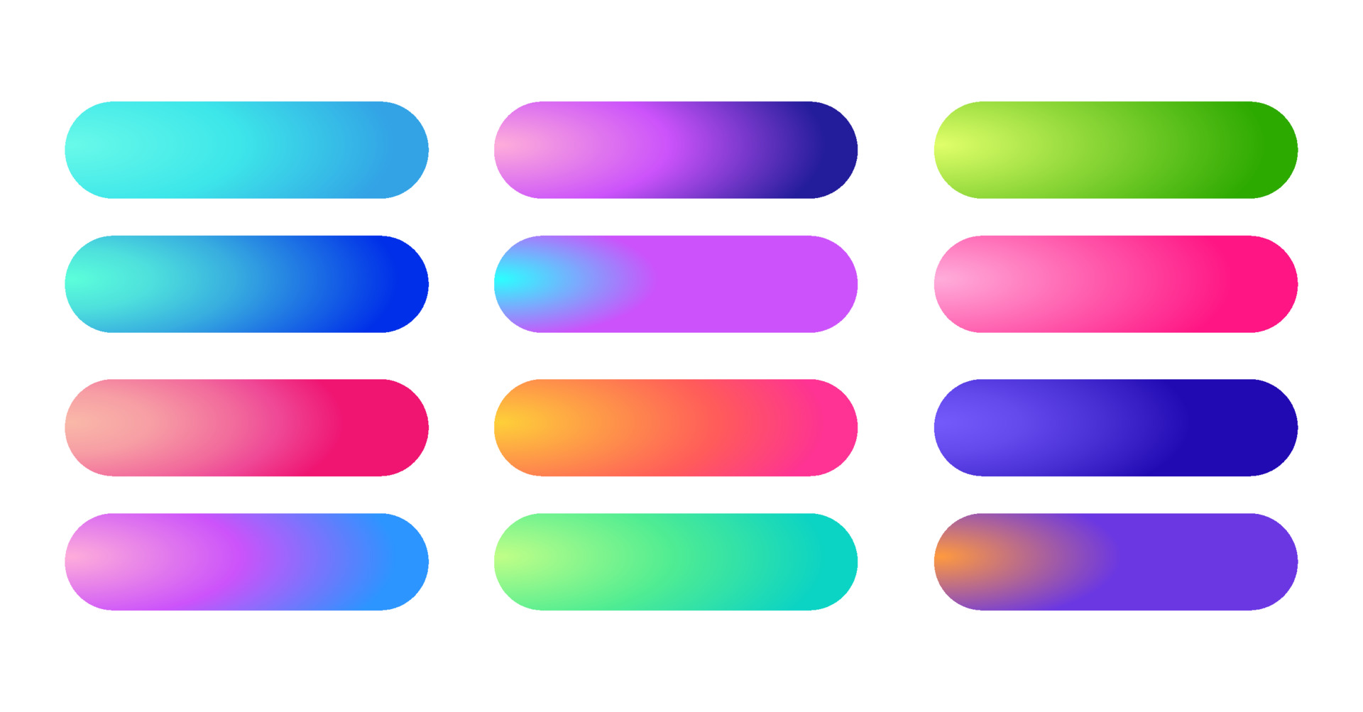 holographic gradients set, bars buttons. Multicolor green purple yellow