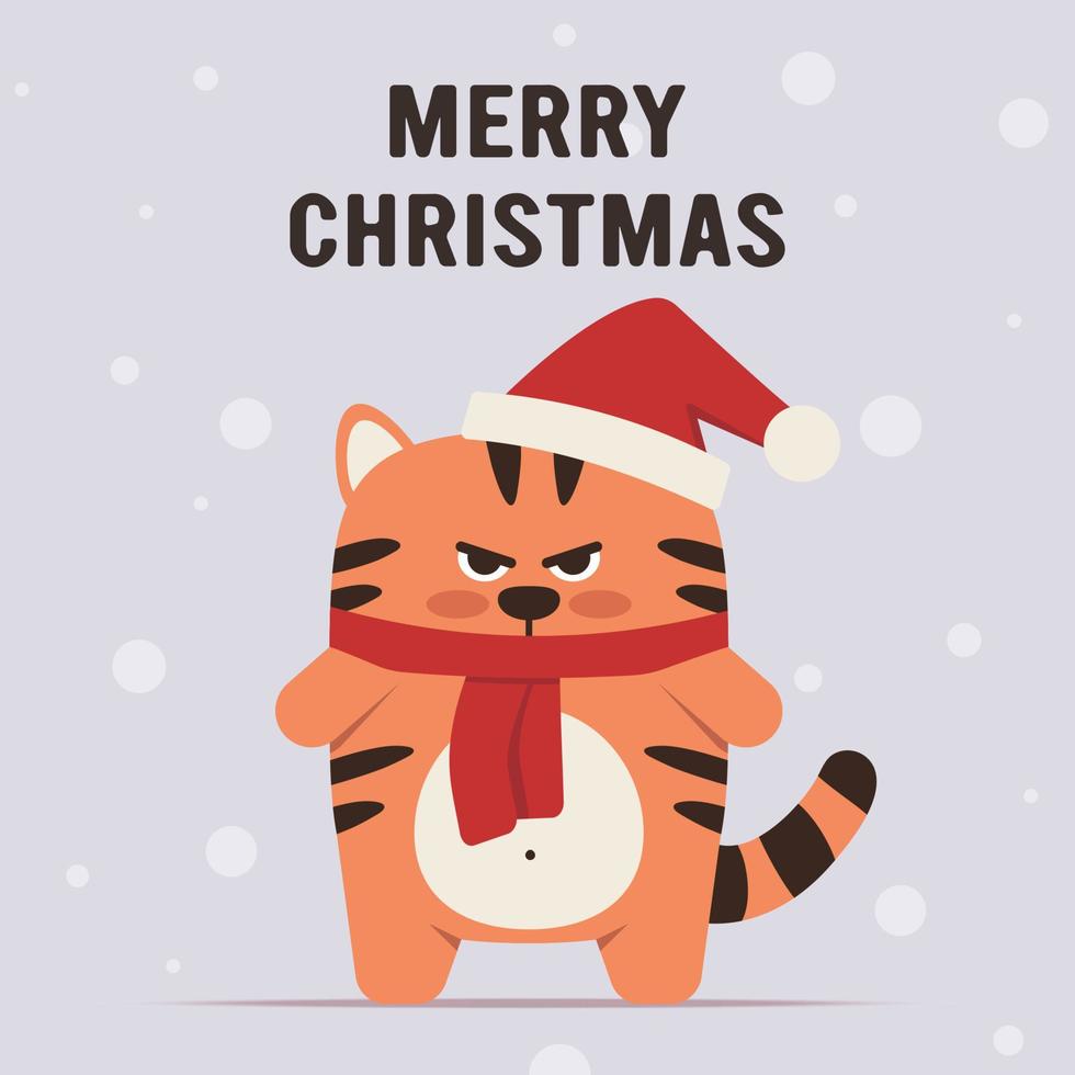 Cute little tiger character in flat style. Zodiac symbol of the Chinese New Year 2022. Merry Christmas. For banner, postcard, brochure decor template. Vector illustration.