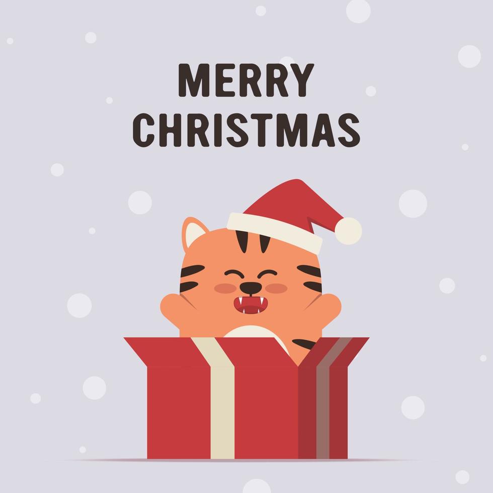 Cute little tiger character in flat style. Zodiac symbol of the Chinese New Year 2022. Merry Christmas. For banner, postcard, brochure decor template. Vector illustration.