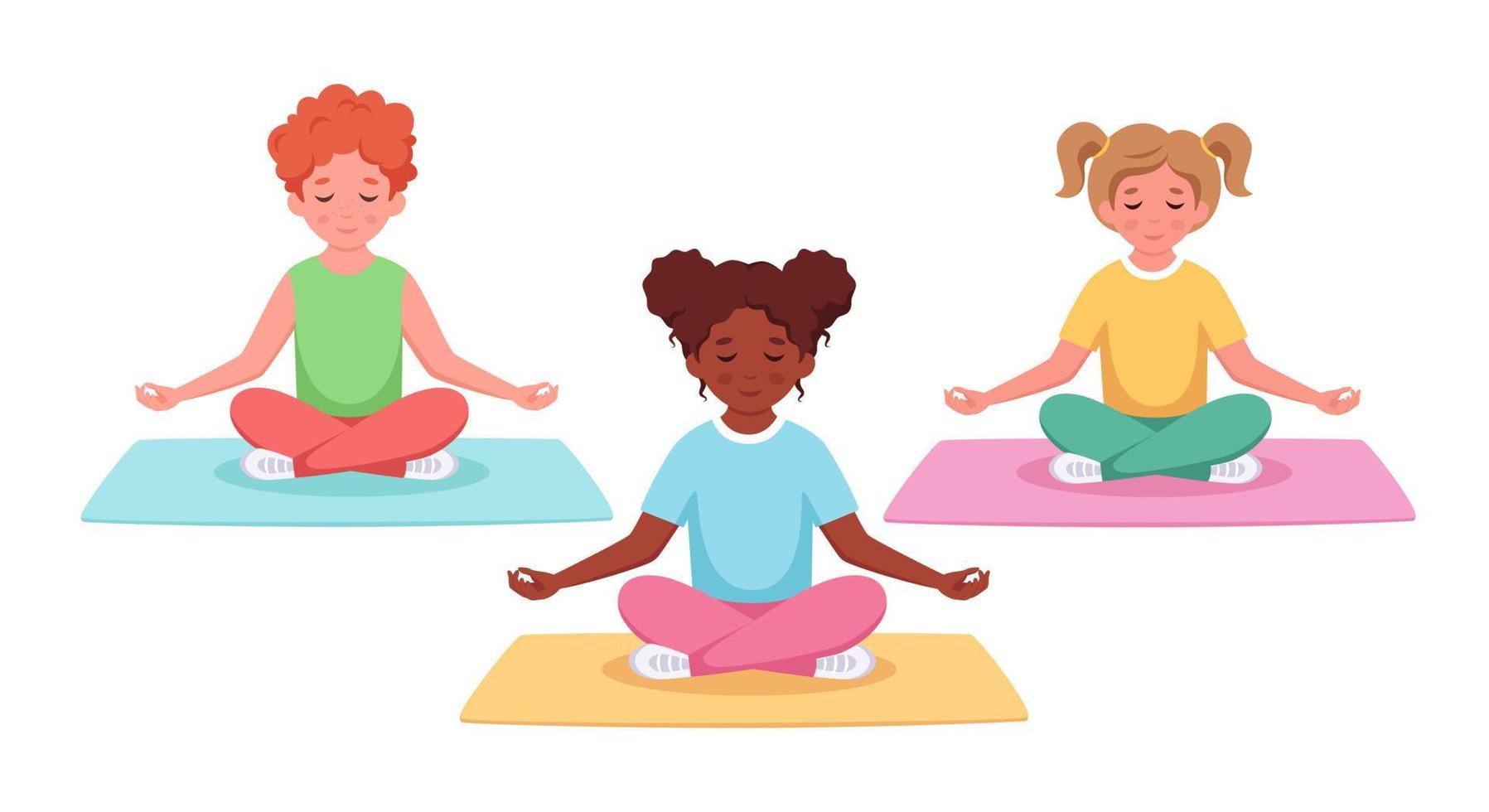 Children of different nationalities meditating in lotus pose. Gymnastic, yoga and meditation for children. vector