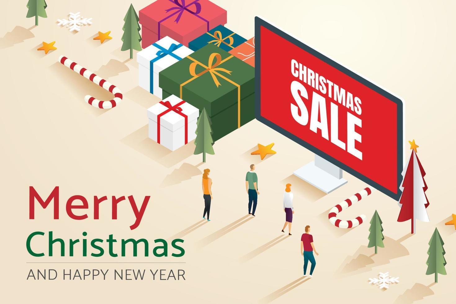 Group of people christmas tree with set gift boxes big and christmas sale in computer. vector