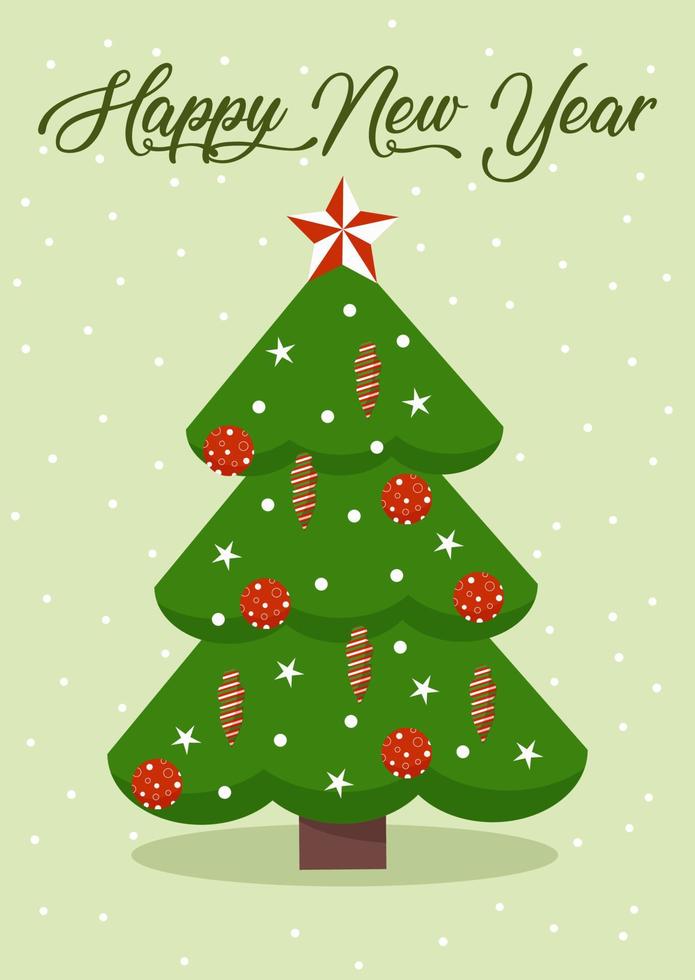 Design of New Year's card with the image of Christmas tree. Vector illustration, cartoon style.