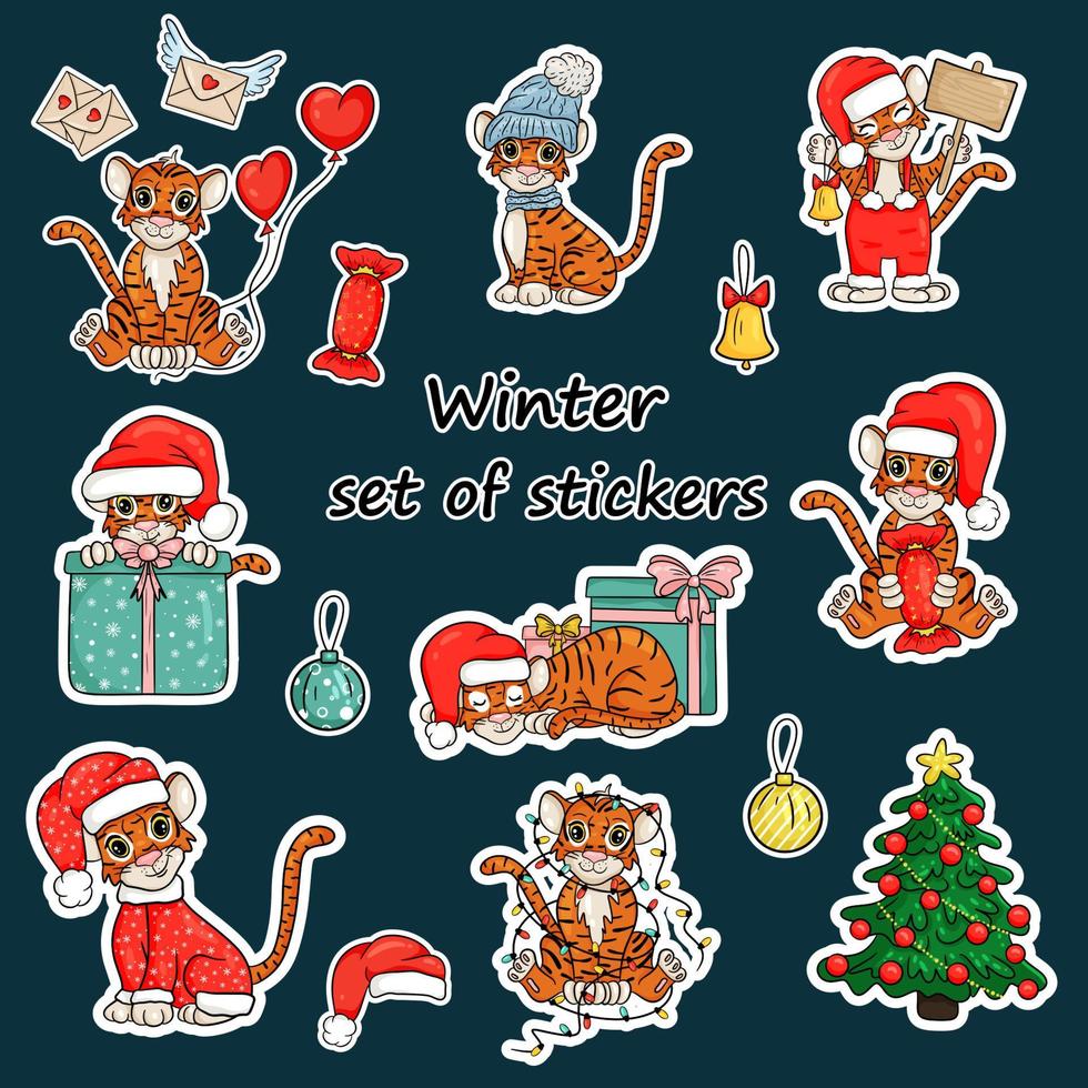 Set of Christmas winter stickers with the image of tiger. Symbol of the year according to the Chinese or Eastern calendar. Merry Christmas and Happy New Year. Vector illustration cartoon style