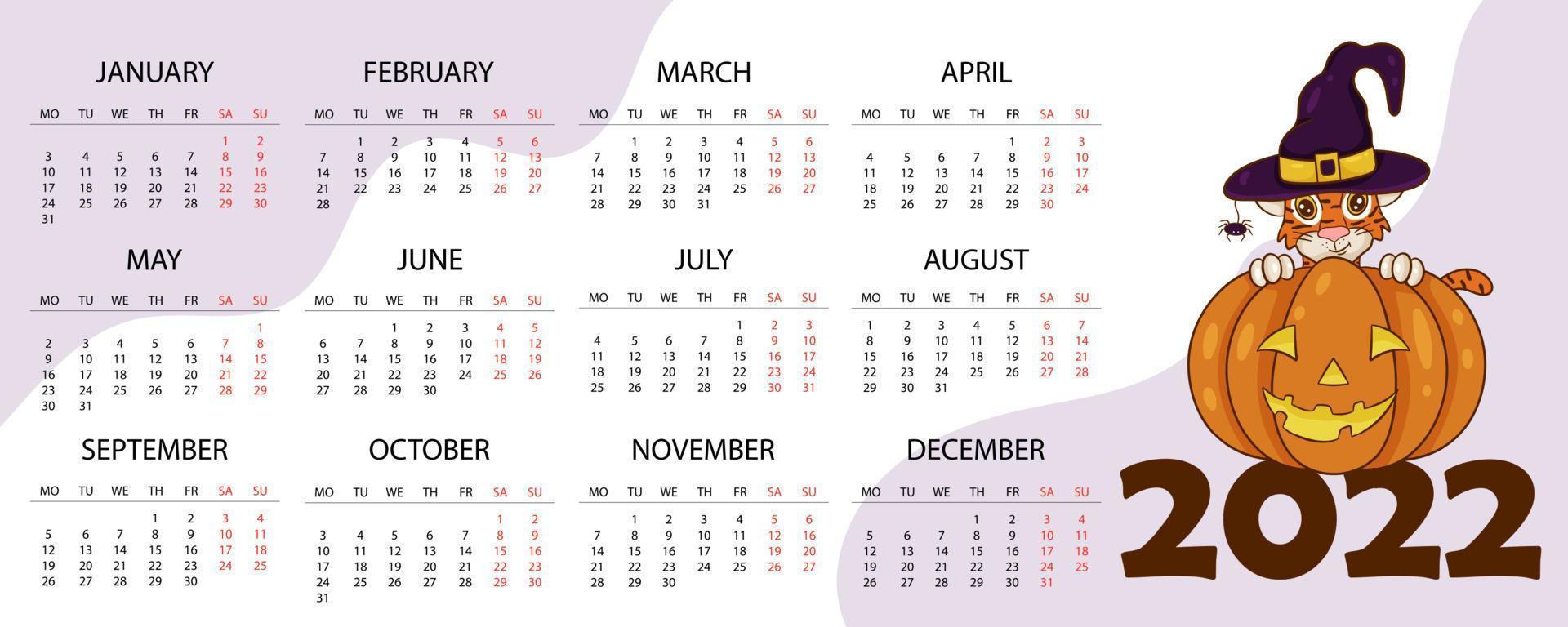 Calendar design template for 2022, the year of the tiger according to the Chinese or Eastern calendar, with an illustration of the tiger. Horizontal table with calendar for 2022. Vector