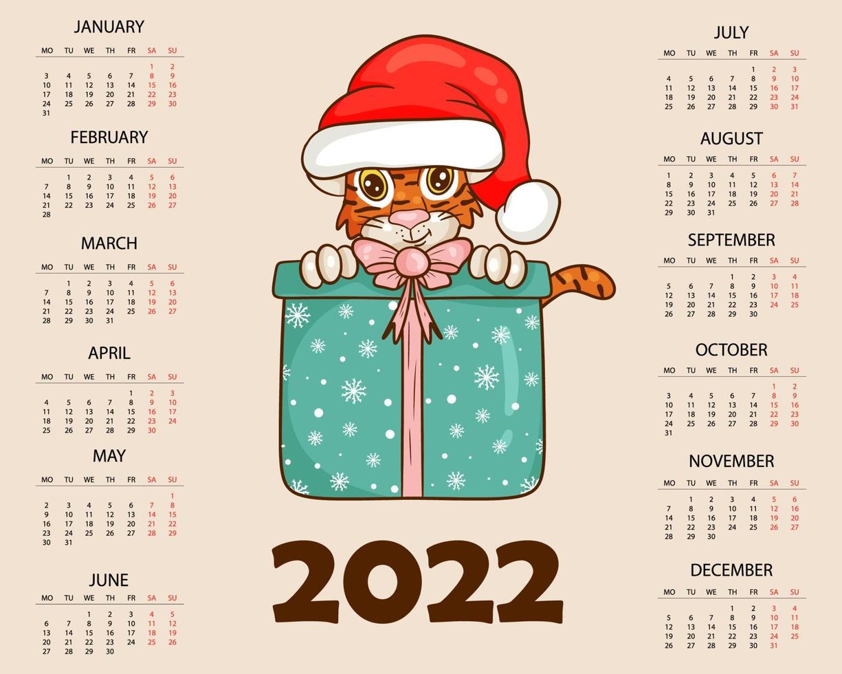 plantilla de diseño de calendario para 2022, el año del tigre según el calendario chino o oriental, con una ilustración del tigre. tabla horizontal con calendario para 2022. vector