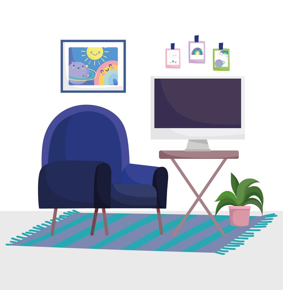 home office workplace chair carpet with computer table plant and picture in wall vector