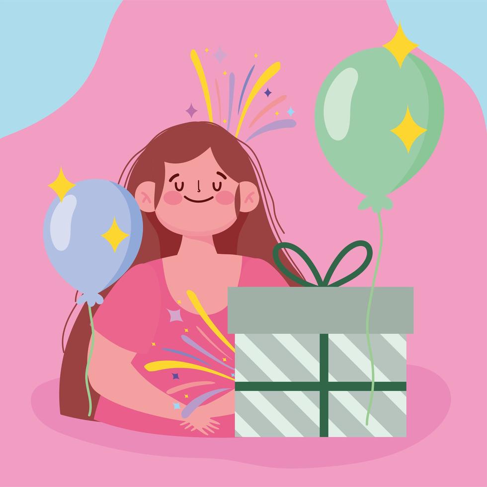 niña, con, regalo, globos, estrellas, decoración, retrato vector