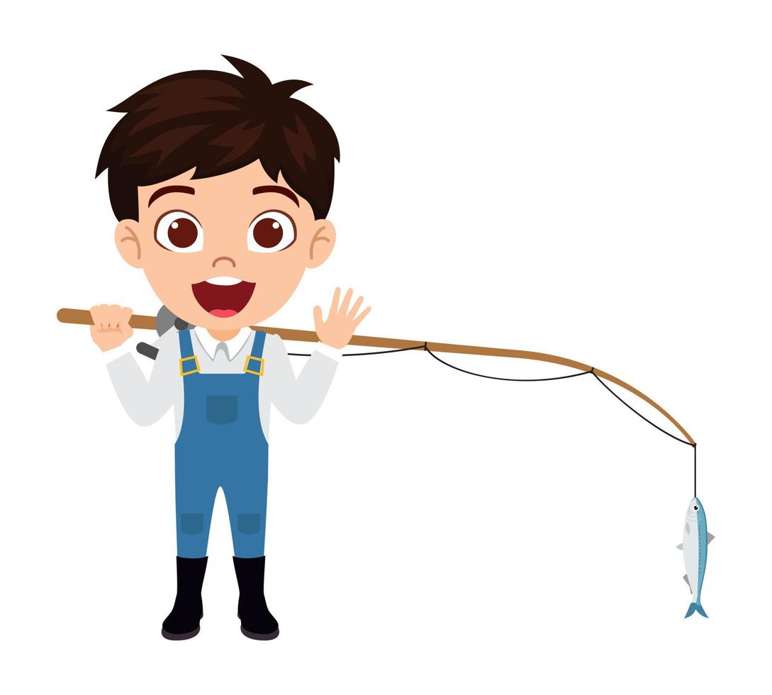 Feliz lindo hermoso niño chico pescador personaje de pie con caña de pescar con pescado aislado vector