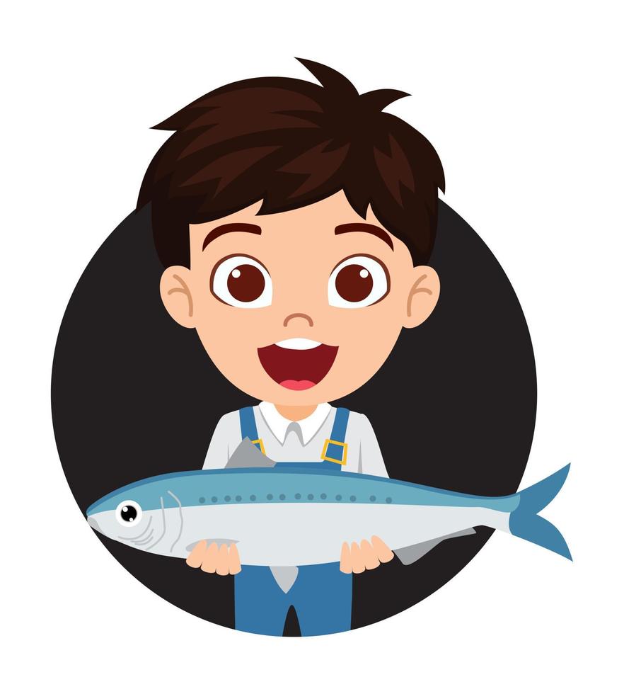 feliz, lindo, hermoso, niño, niño, pescador, carácter, avatar, posición, y, tenencia, pez, con, alegre, expresión vector