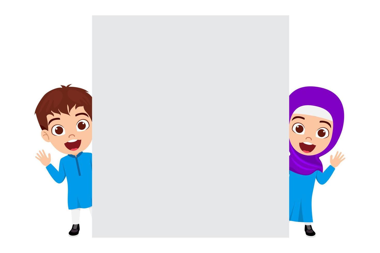 Happy cute beautiful Muslim Arab  kid boy and girl character wearing Muslim business outfit hijab and standing behind blank placard board and waving with cheerful expression vector