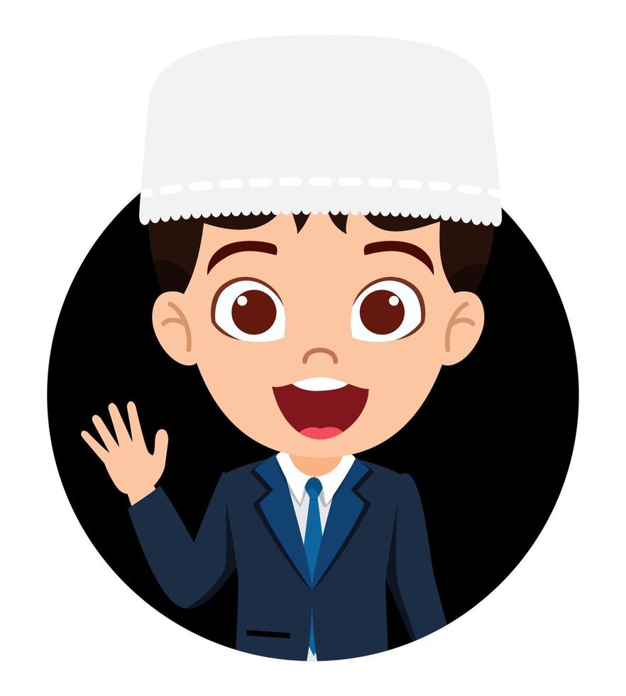 feliz, lindo, hermoso, musulmán, árabe, niño, niño, carácter, avatar, llevando, musulmán, negocio, traje, con, alegre, expresión facial vector