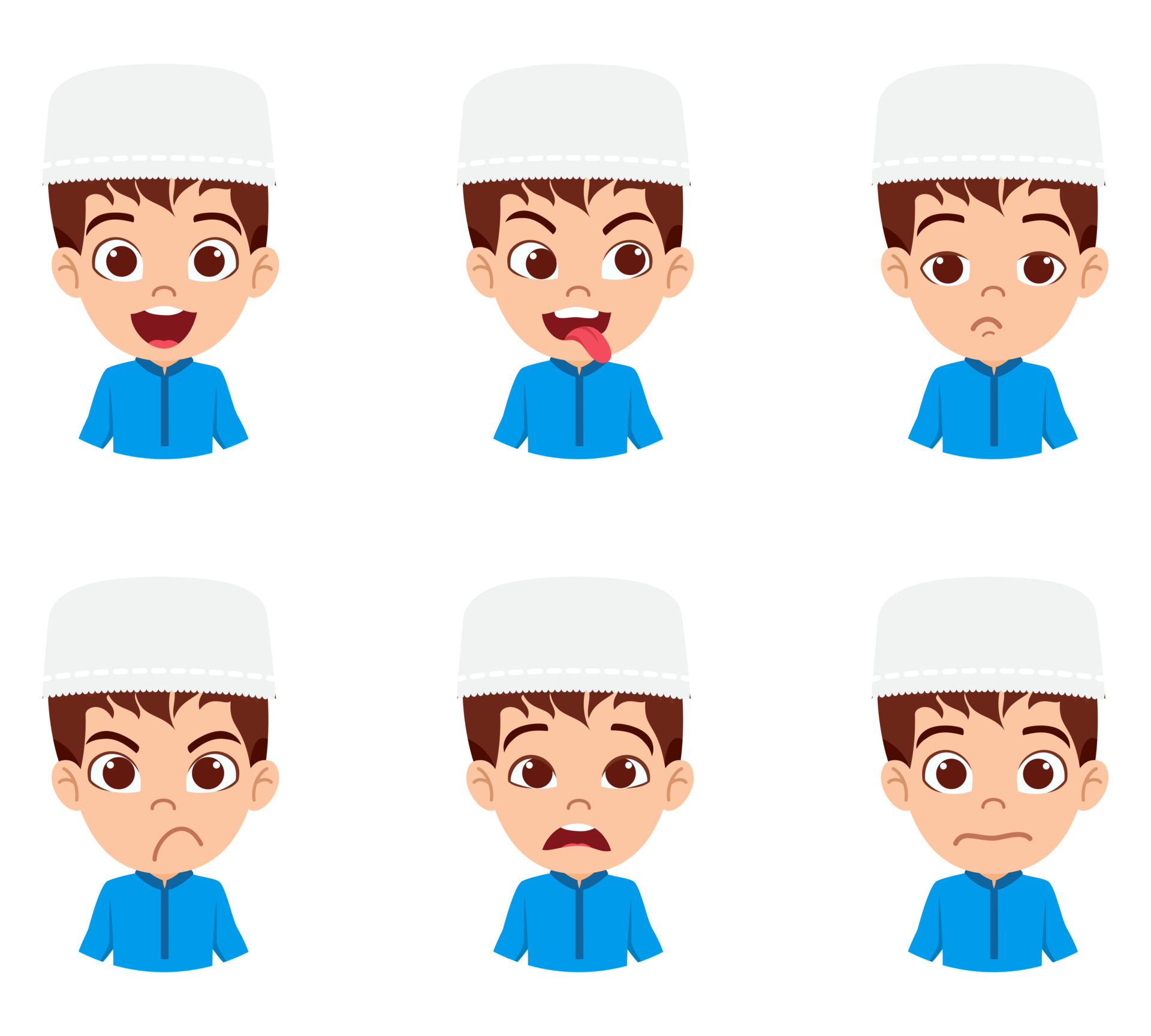 Happy cute beautiful Muslim Arab kid boy character avatar wearing Muslim  business outfit with different facial expressions and emotions 3672721  Vector Art at Vecteezy